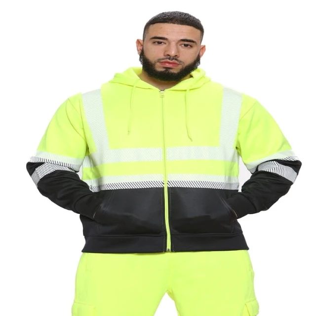 Reflective Hoodies Working High Vis Green/Navy Zipper Hoodie Adjustable Drawstring Around the Hood For Comfy Fit 100% Polyester