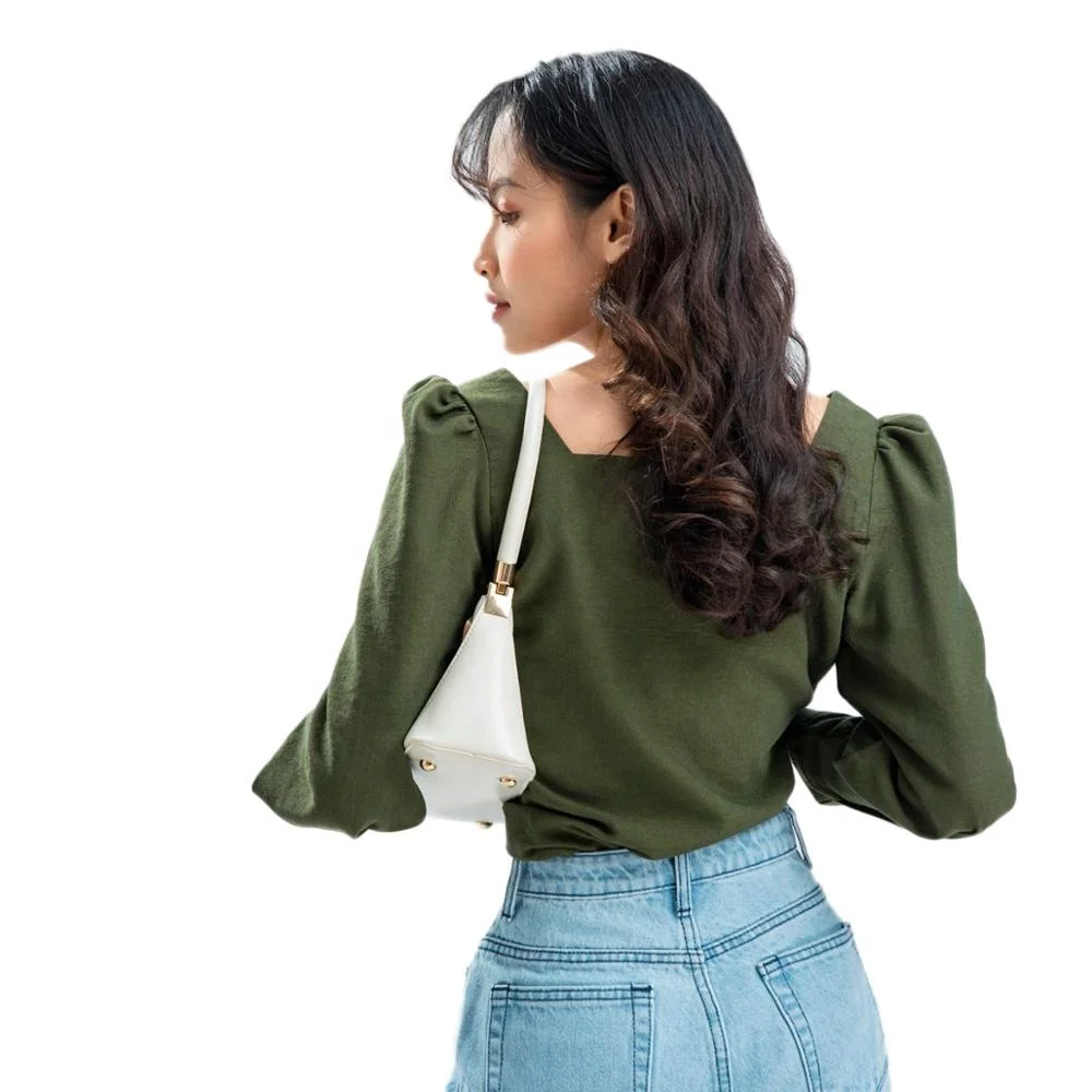 Green Square Neckline Empire Puff Sleeve Fashion Vintage Crop Top Blouses Woman 2020
