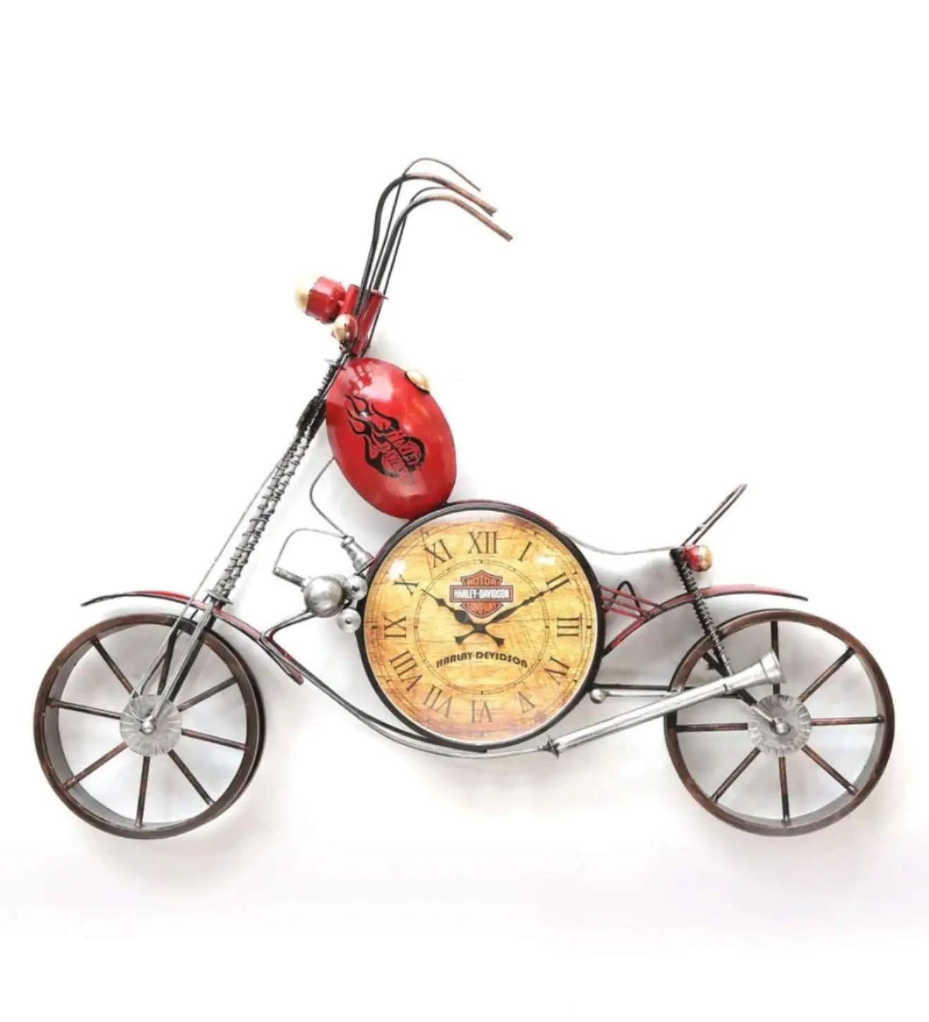 Newest Amazon Hot Selling Custom Design Decorative Metal Red Bike Vintage Design Antique Clock for Home Art WALL Decoration