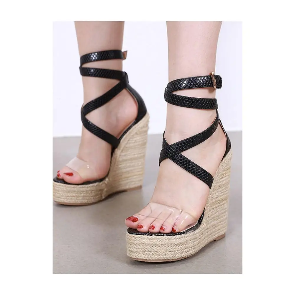women unique wedge sandals female high heels contrast color cross belts ankle buckle wedges platform sandals shoes