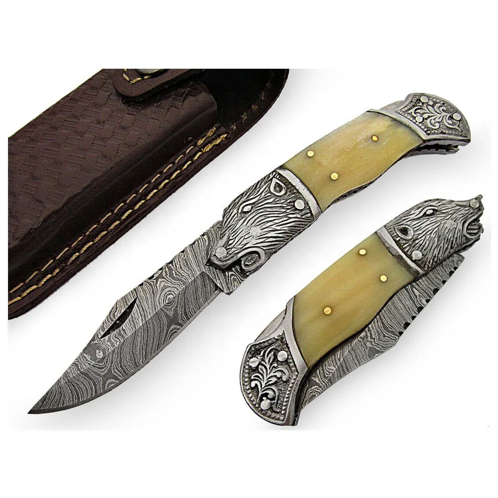 Beautiful Custom Handmade Damascus Steel Professional Folding Pocket Knife Handle Colored Bone with Engraved Steel Clip