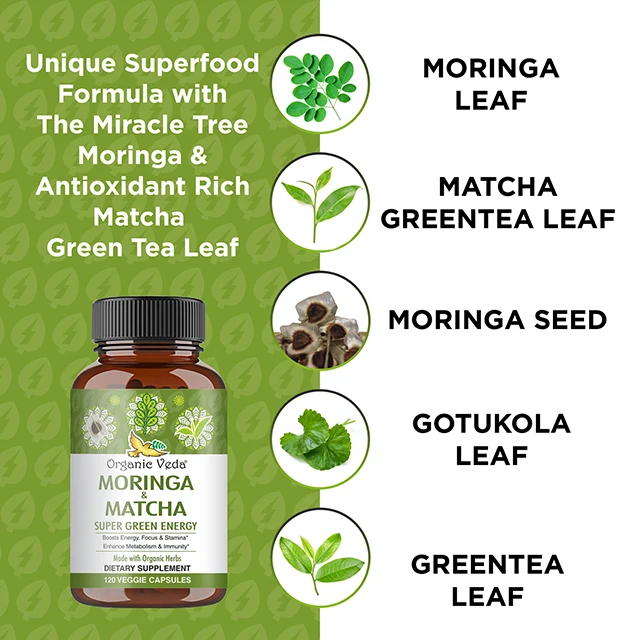 Factory direct sale bulk organic moringa capsules with matcha green tea metabolism and immunity booster dietary supplement