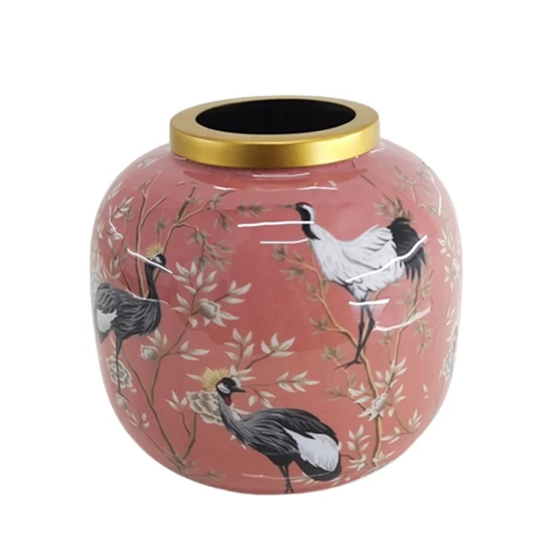 Wholesale Table Top Decoration Iron Flower Vase Bird Sticker Enamil And Gold Colour Large Size Flower Pot For Home Decor