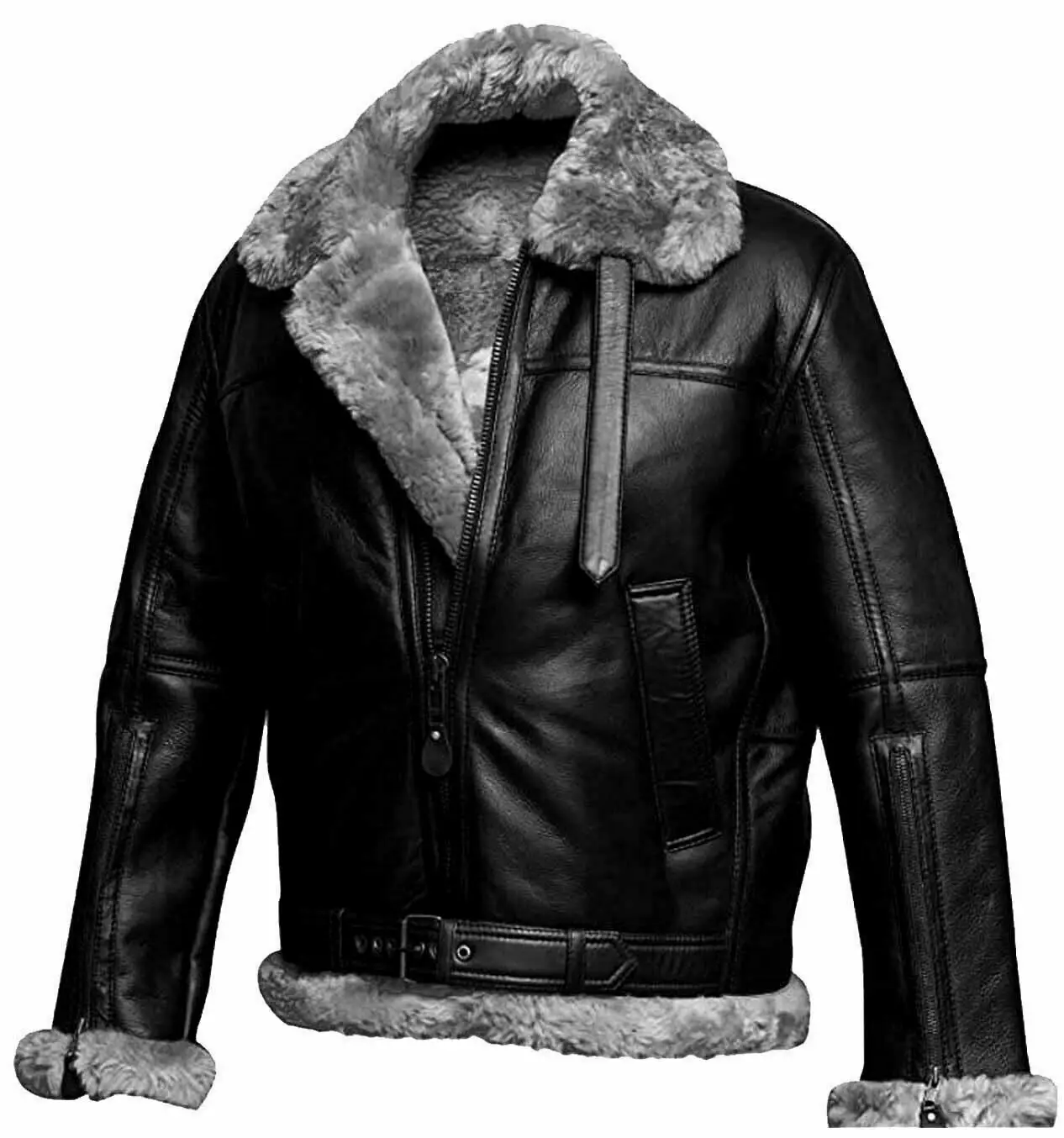 Fur Jacket Bomber Original Leather Men Fur and Shearling Black and White Genuine Leather and Customized Shell for Winter Regular