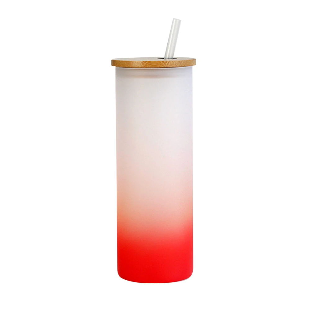 Blank 18oz / 25oz Straight Tumbler with Bamboo Cover Color Gradient Frosted Glass Mug Sublimation Soda Glass with Straw