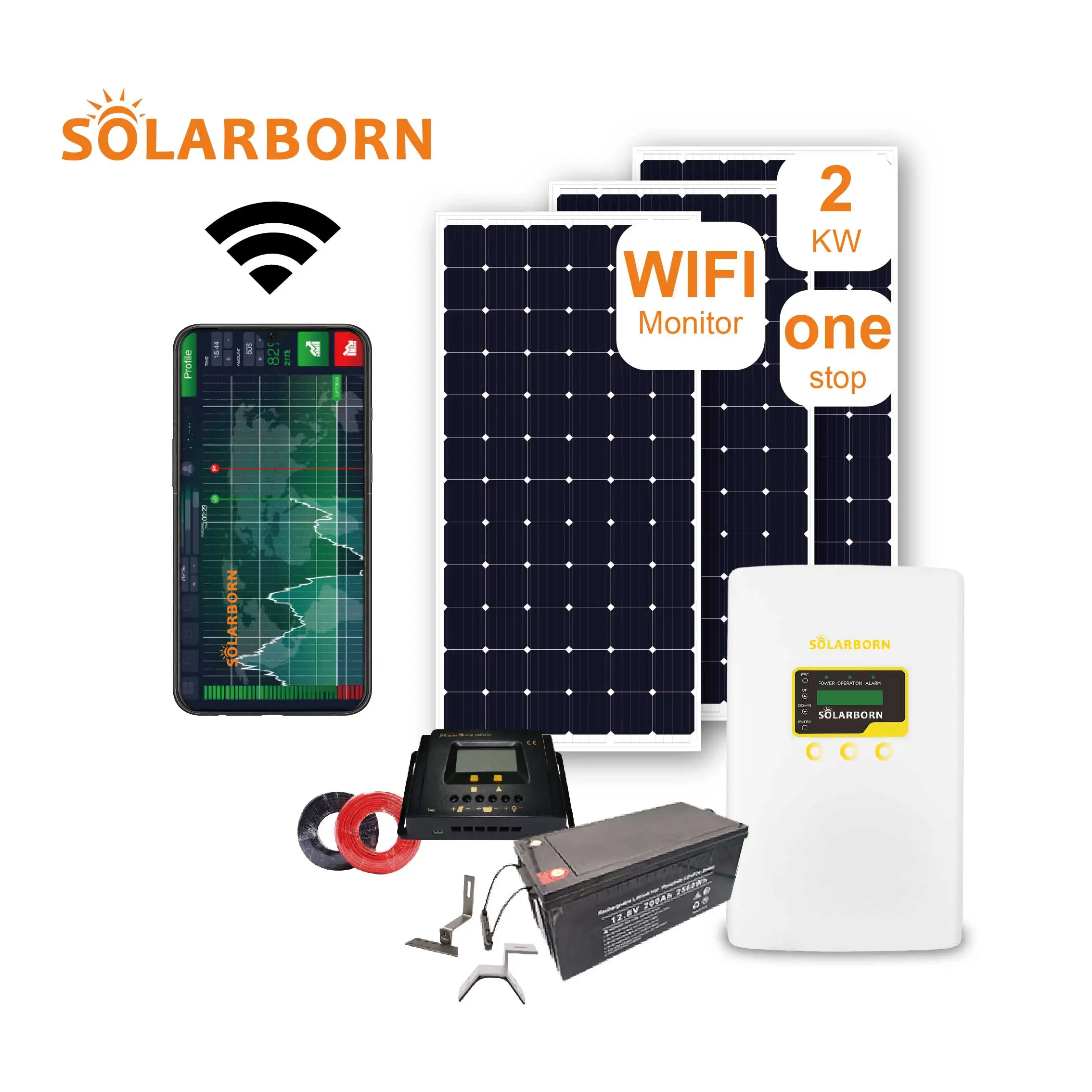 Solarborn 2 кВт решетки панели инвертора монтажный контроллер батарея мощность солнечной энергии системы для дома