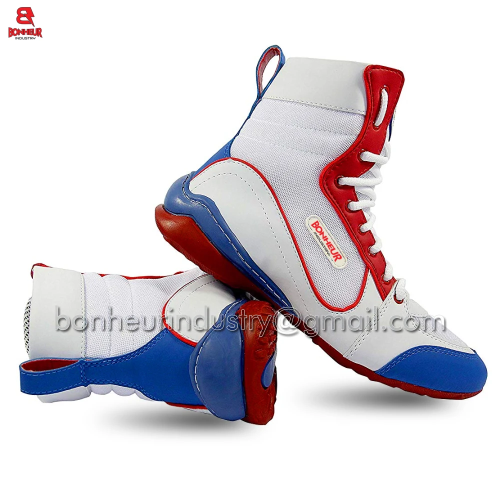 
High quality leather Boxing Shoe for Men White Red and Blue 