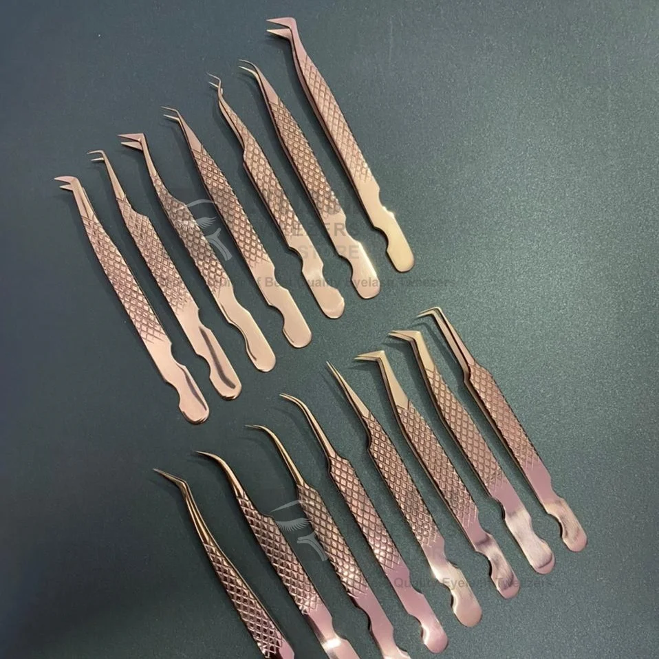 Rose Gold Japanese Stainless Steel Eyelash Extension Tweezers Hand-Tested Diamond Grip Pointed Volume Fiber Plasma Sustainable
