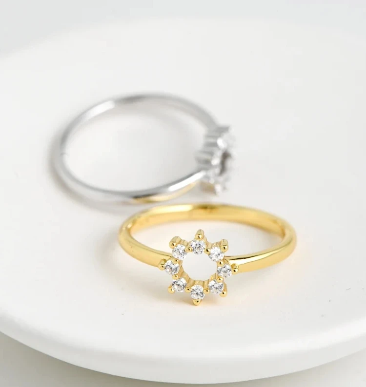 Dainty gold plating round shape cubic zircon ring sunburst sterling sliver ring