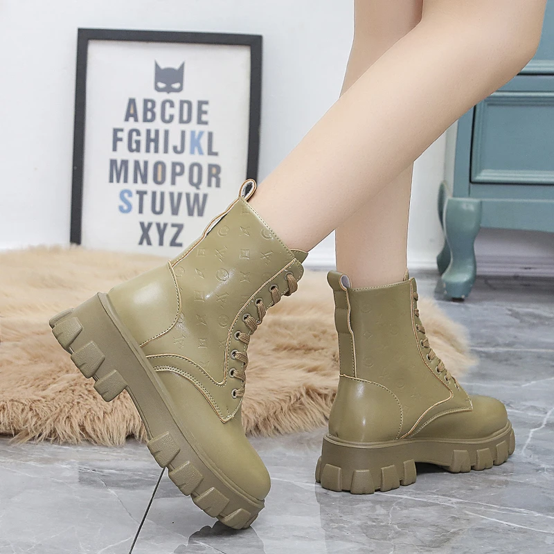 Women Waterproof Fashion Shoelace Ankle Boots with Two Mini Side Bags Leather Cool Black Winter Martin Boots
