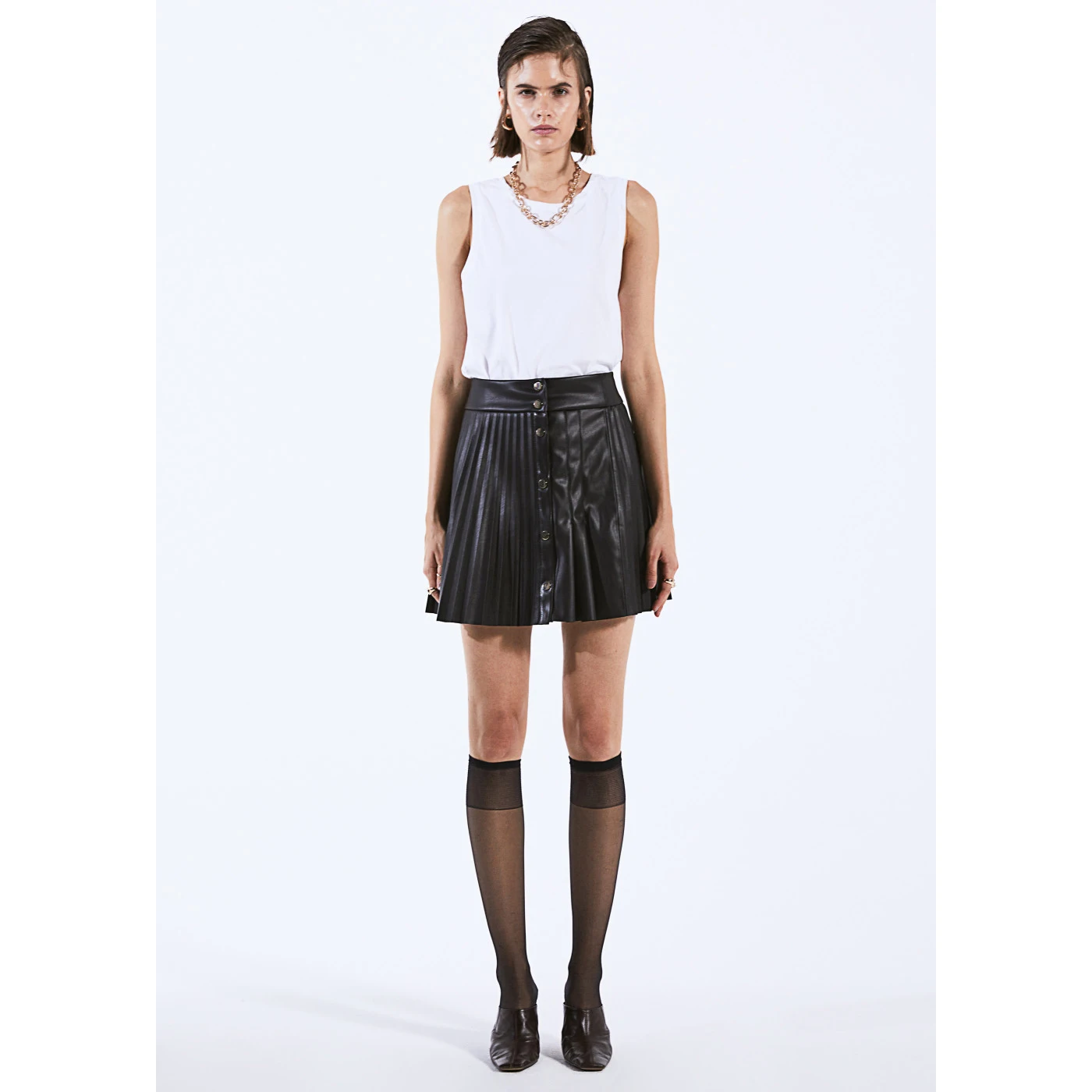 
2020 Hotsale Womens Pleated Leather Casual Mini Skirt Black High Quality Ladies Buttoned Oem 