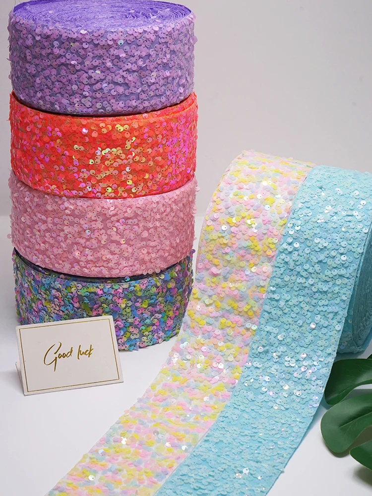 75mm Glitter Small Sequin fabric Ribbon for Hair Bows Headband/ribbons, customize color 25 yards per roll Wholesale DIY