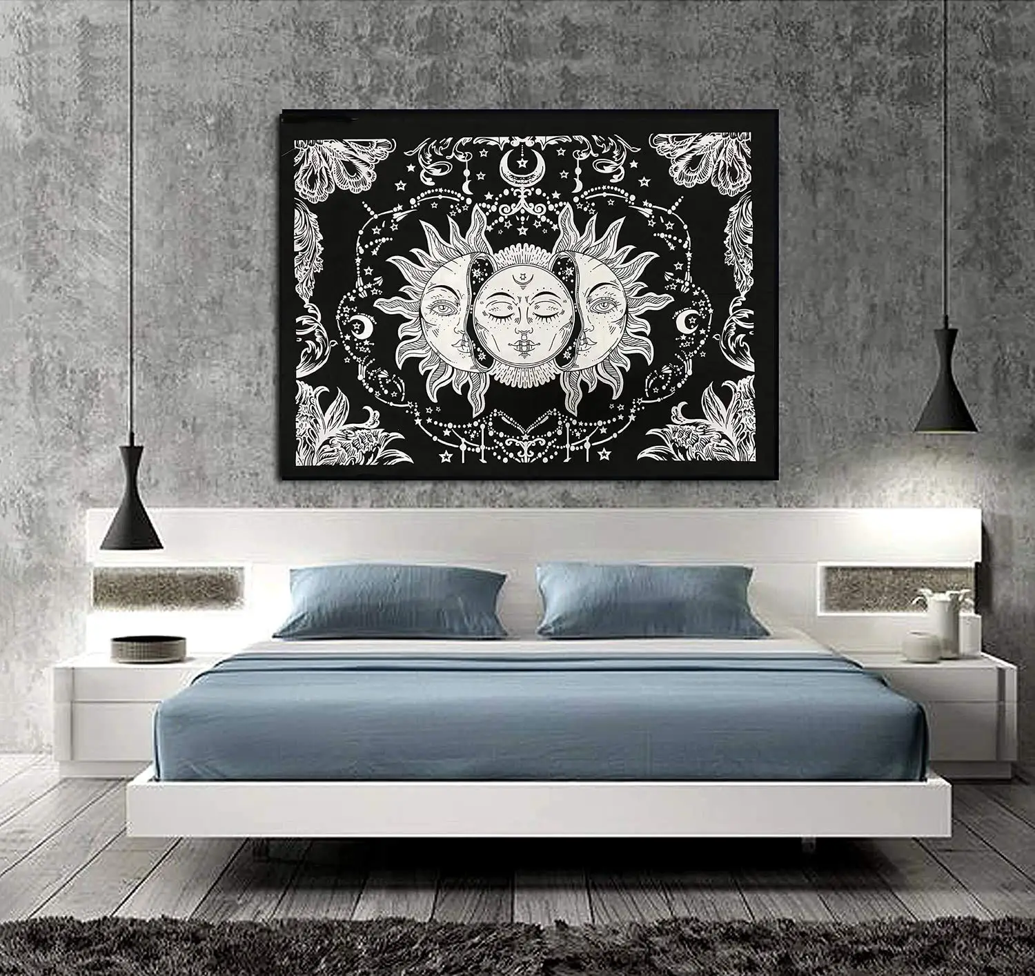 Tarot Triple Burning Sun Moon & Star Mystic Hippie Bohemian Psychedelic Mandala Cotton Wall Hanging Tapestry Poster white Black