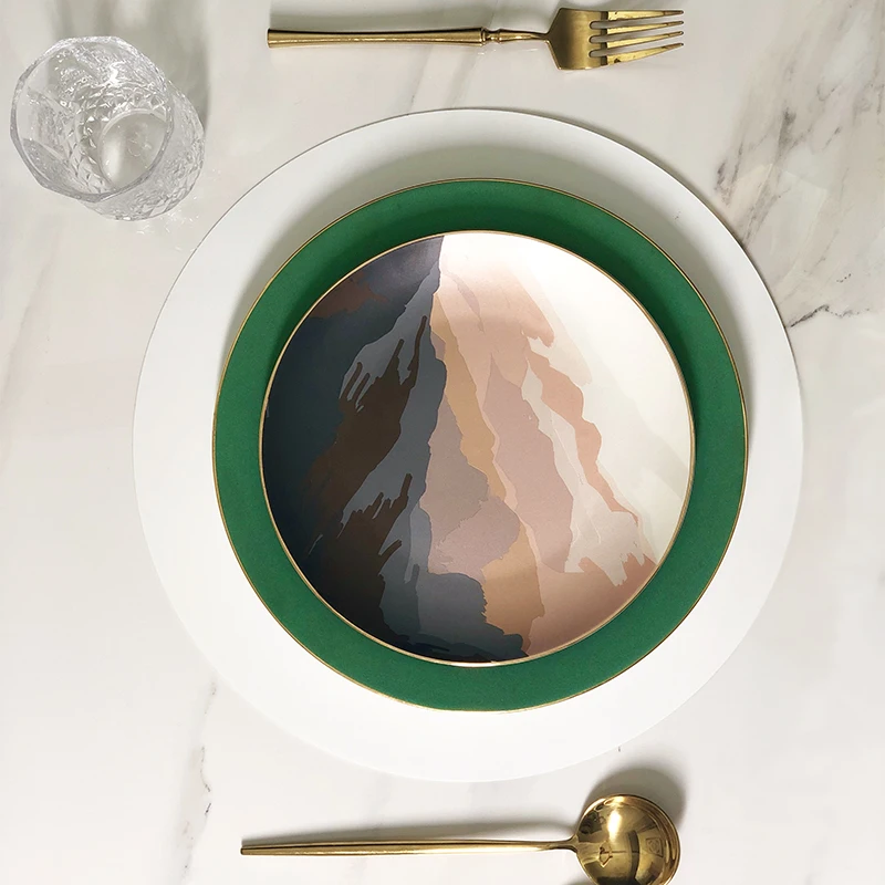 Luxury restaurant stoneware ceramic plates dishes 8inch gold rim mate porcelain dish