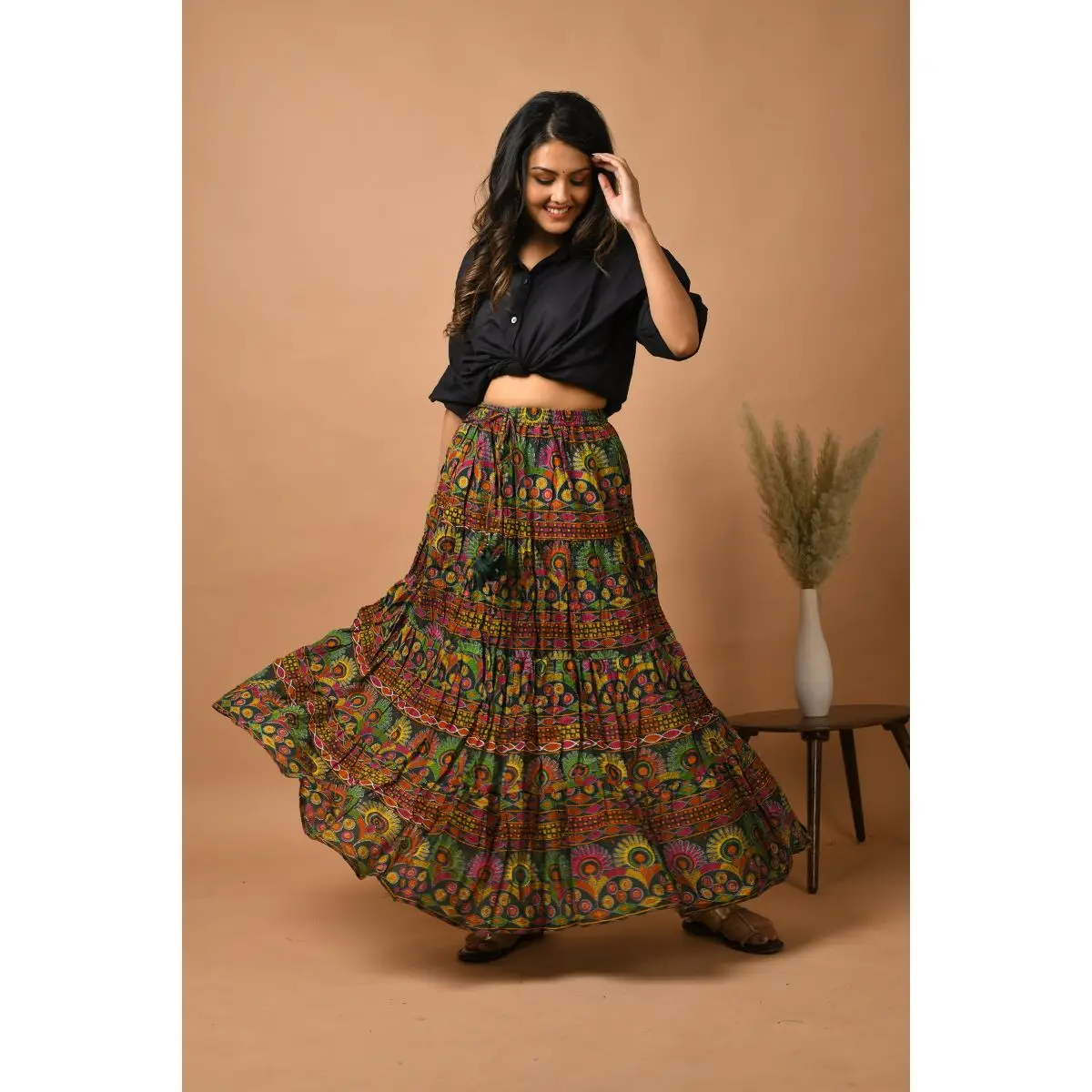 Latets in fashion Green Floral Flared Cotton Skirt for womens