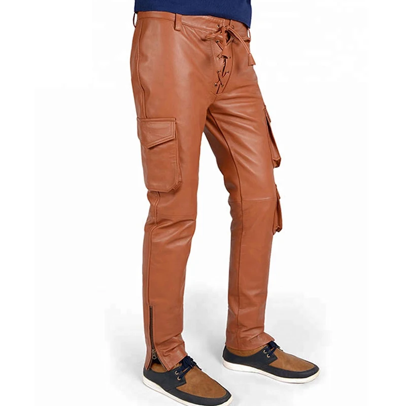 2022 Wholesale High Quality Brown Color Leather Pants Simple Pocket Style Dancing Fashion Leather Pants For Adults