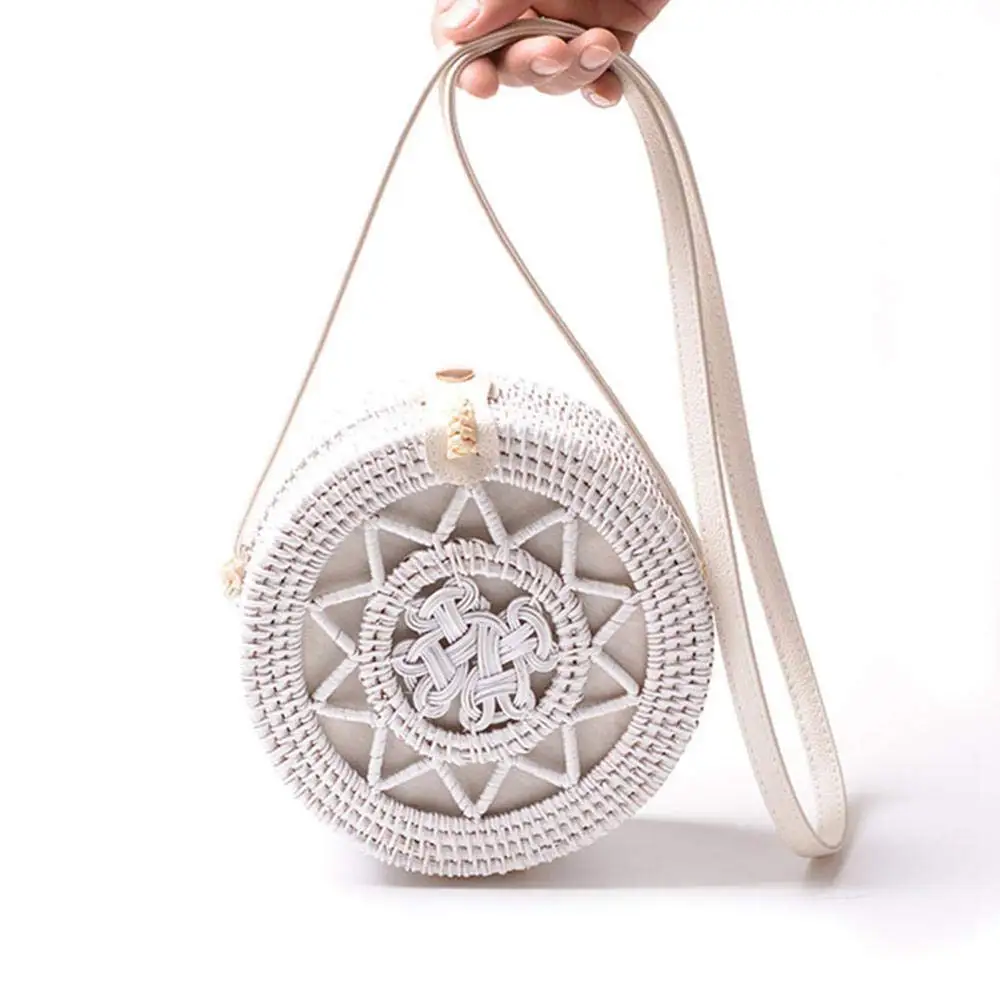 White round Wicker Rattan Beach Bag Custom Pattern Handmade Crossbody Shoulder for Women Natural Vietnam Handbags for Summer