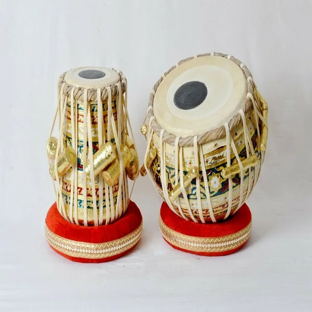 Indian Musical Instrument Tabla Meenakari Bayan, Sheesham Wood Dayan Drum Educational Meenakari Table Set Chrome Finish