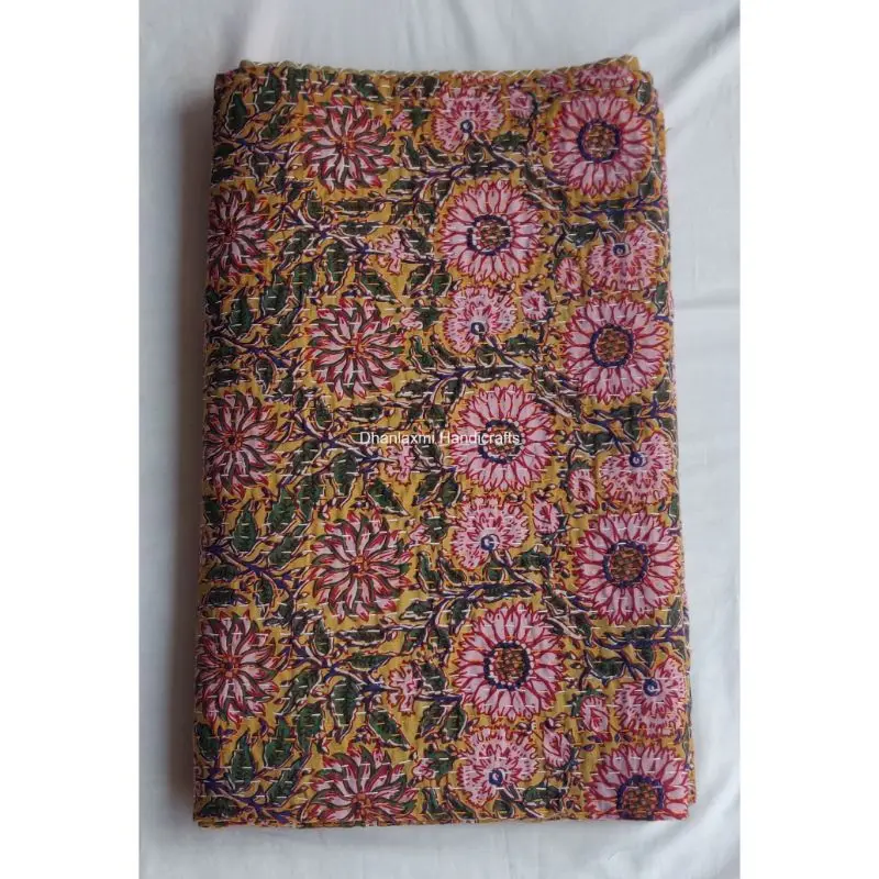 Multi- Colour Indian Handmade Print Floral Cotton Kantha Quilt Beautiful Floral Wholesale Kantha Bedspread