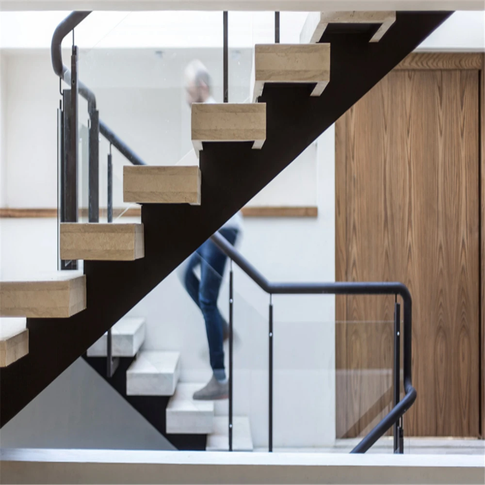 Open riser staircase design with wood handrail stainless steel railing straight mono stringer stairs