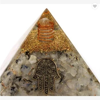 Rainbow Moonstone Orgonite Pyramid - Hamsa Hand, Hamsa Charm | EMF Orgone Pyramid, Organite Pyramid (Orgone Generator Crystal)