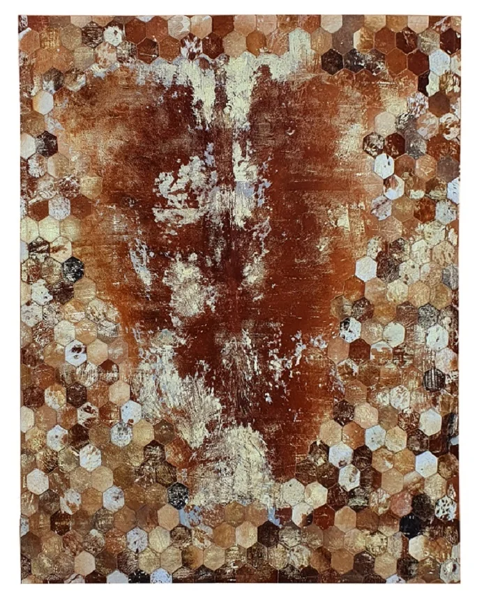 Acid washed cowhide  hairon area rug with foil Beehive design Patchwork cowhide gold devore rug and Handmade Carpets