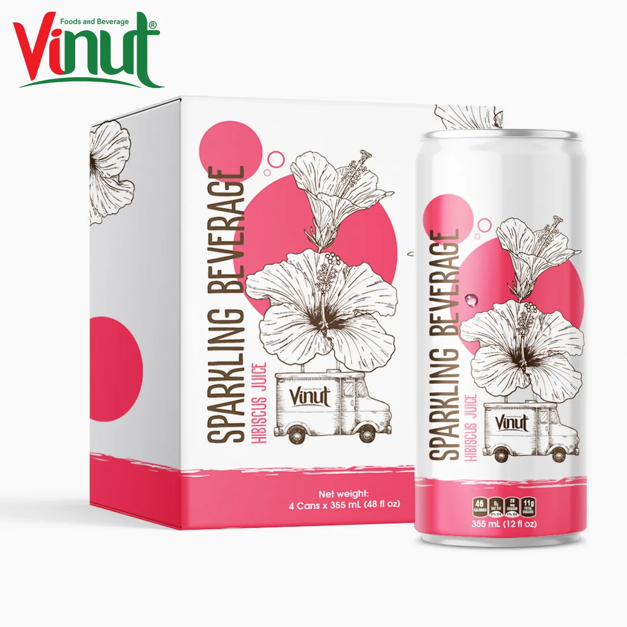 12 fl oz Sparkling water VINUT 4 Cans Hibiscus Juice Suppliers Sugar Free Low Calories Customized OEM Private Label