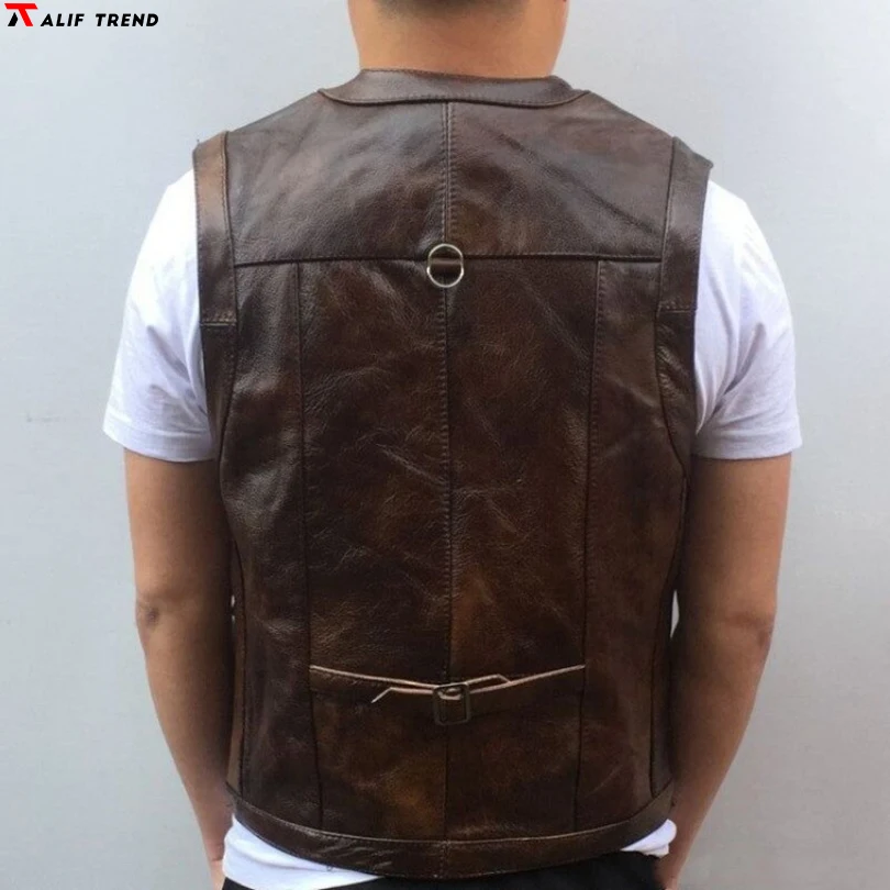 Cowhide Genuine Leather Vest Men Brown Waistcoat Male Sleeveless Jacket Thick High Quality Vest Multi Pocket