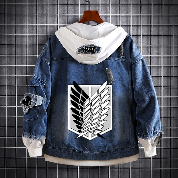 Attack on Titan Hooded Jacket Anime Print Denim Jacket Wholesale Blue Denim Jacket