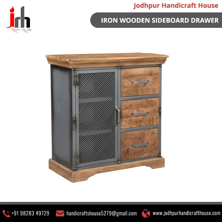 Железный Деревянный Современный Твердый коричневый черный промышленный буфет шкаф для хранения с 1 дверью и тремя ящиками