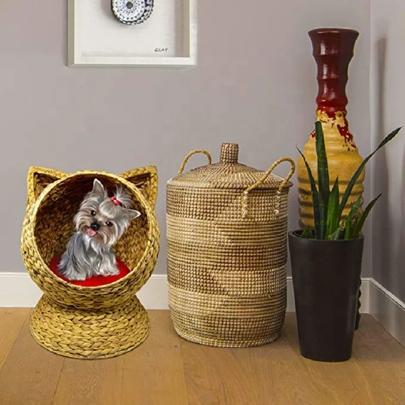 Handmade Wicker Non-toxic Indoor Cat House Small Dog Sleeping Bed Water Hyacinth Pet Basket Bed Made in Vietnam