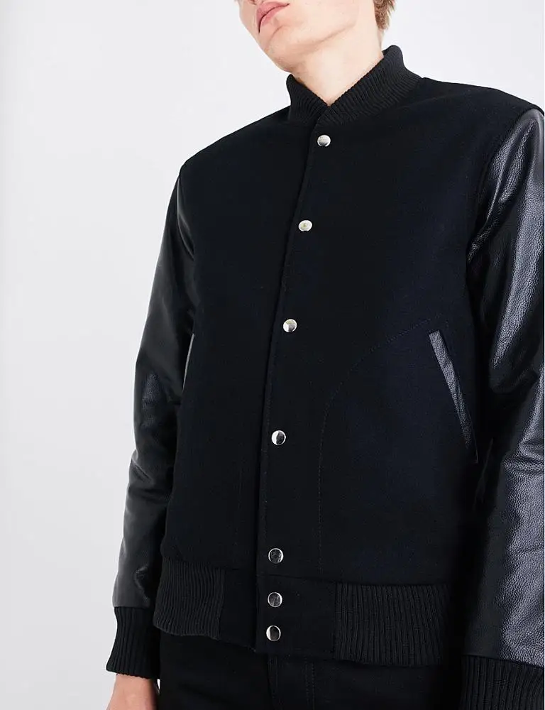 Black Color Custom Men Wool Varsity Jackets Wholesale Custom With Leather Sleeves/ Custom Wool Cheap Leather Varsity Jackets