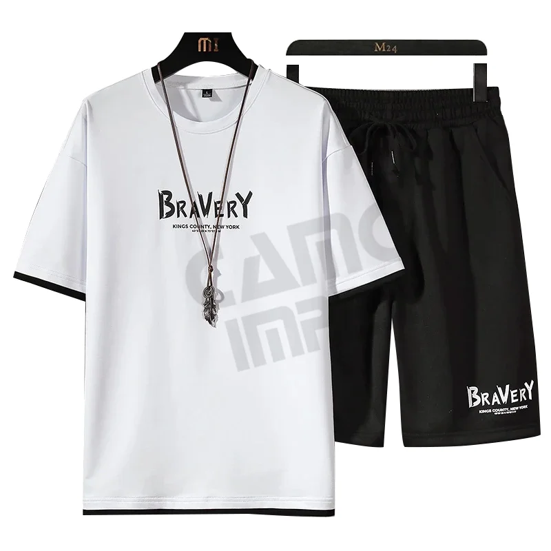 Fashion Mens Sets Short Sleeve T-shirt + Shorts 2 Pieces Suit Male Summer Sportswear Casual Sweatsuit Track Shorts Men Clothing