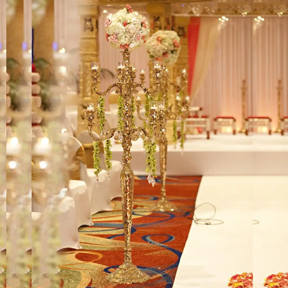 Shiny Golde & Silver Mosaic Candelabra Five Arms Candle Holder Tall Size Centerpiece For Tabletop Decorations Wedding & Home