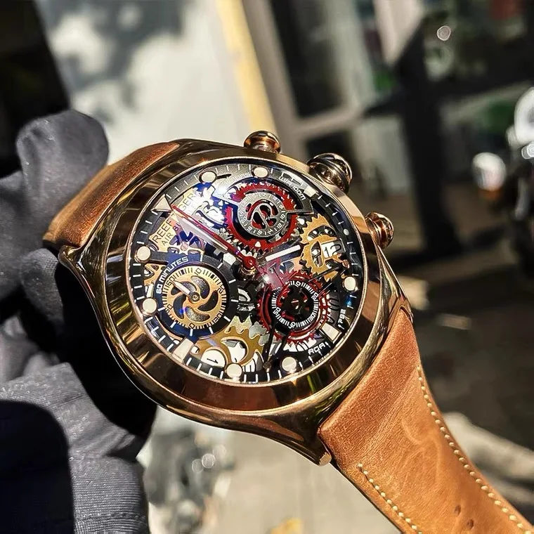 Reef Tiger Mens Sport Watches with Chronograph Skeleton Dial Date Three Counters Luminous Steel Watch RGA792