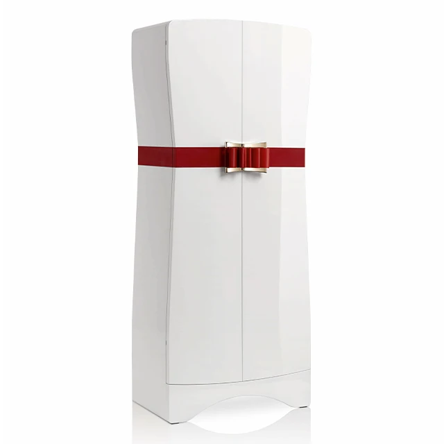 Polished white Birds armoured armoire with leather bow. Leather handles on drawers