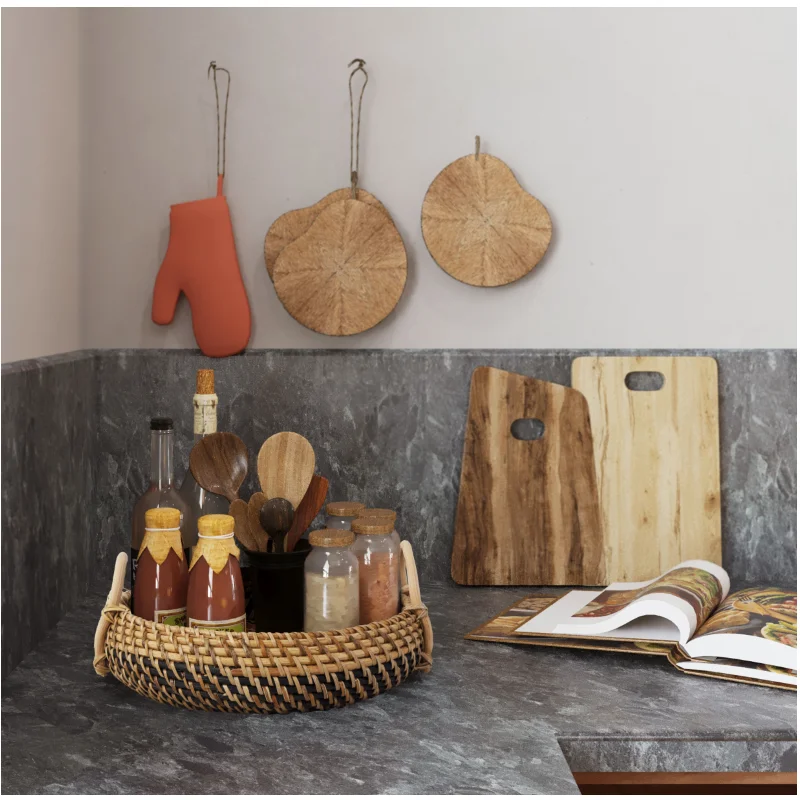  Оптовая цена круглые лотки из ротанга с ручками для сервировки хлеба или фруктов круглая плетеная корзина лоток хранения ручной работы