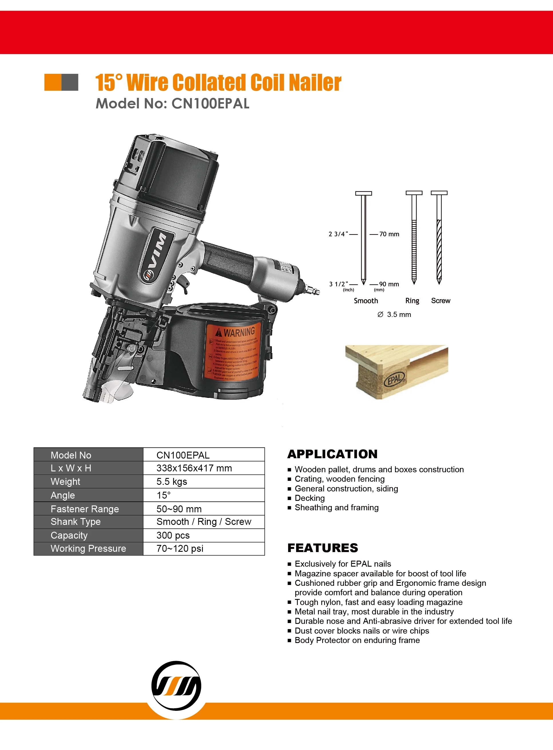 CN100EPAL 15 degree Wire Collated Coil Nailer Air tool