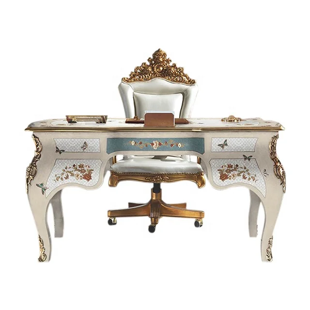 Elegant Sea Shell Marquetry White Writing Table, Classic Carved Wood Writing Desk for Home Office