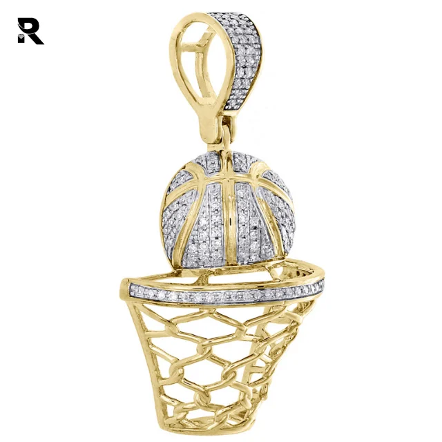 0.33CT 10K Yellow Gold Round Diamond Basketball Pendant Mens Pave Hoop Charm