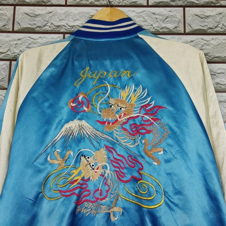 Japanese Fighting Dragon Embroidery Souvenirs Satin Varsity Jacket / Japan Varsity Jacket