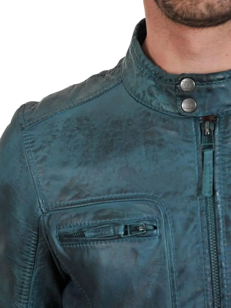 Mens European Style Waxed Leather Fashion Jacket / European style blue tight eco mens leather autumn jacket