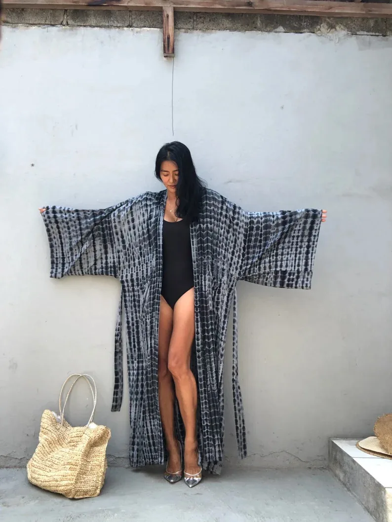 Gypsy Resort Wear Tie Dye Long Sleeve Side Pocket Ankle Length With Belts Women Kaftan Batik Beach Dress