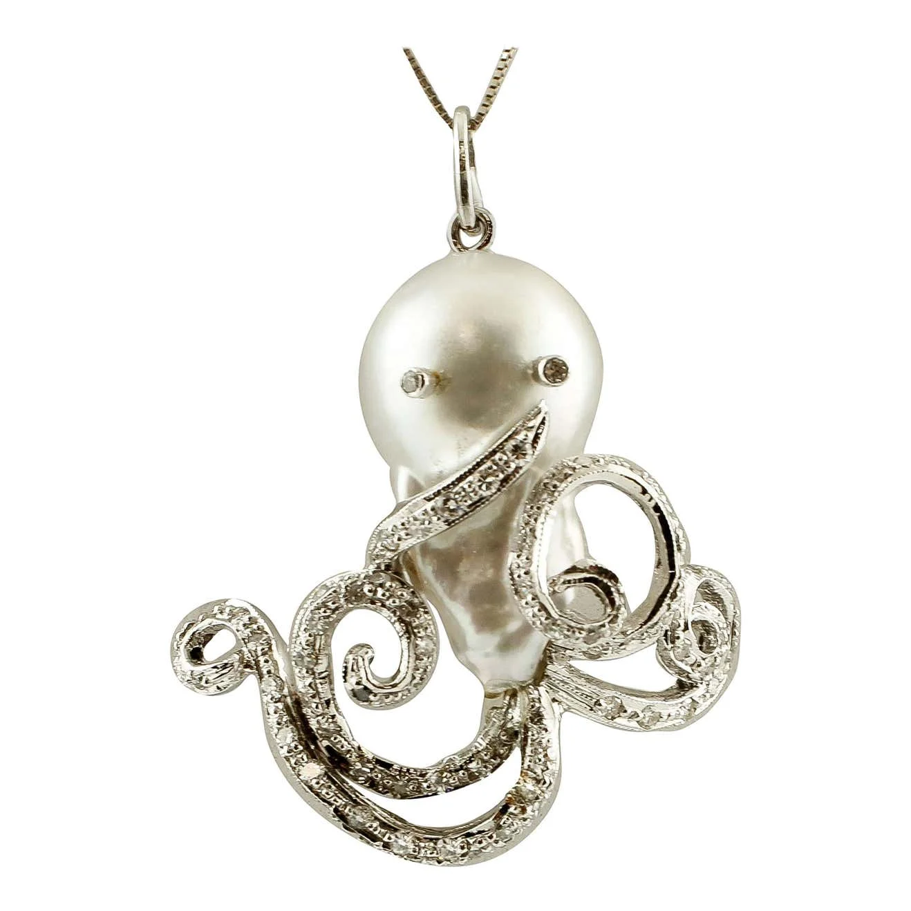 
Diamonds, Baroque Pearl, 14k White Gold Octopus Pendant 