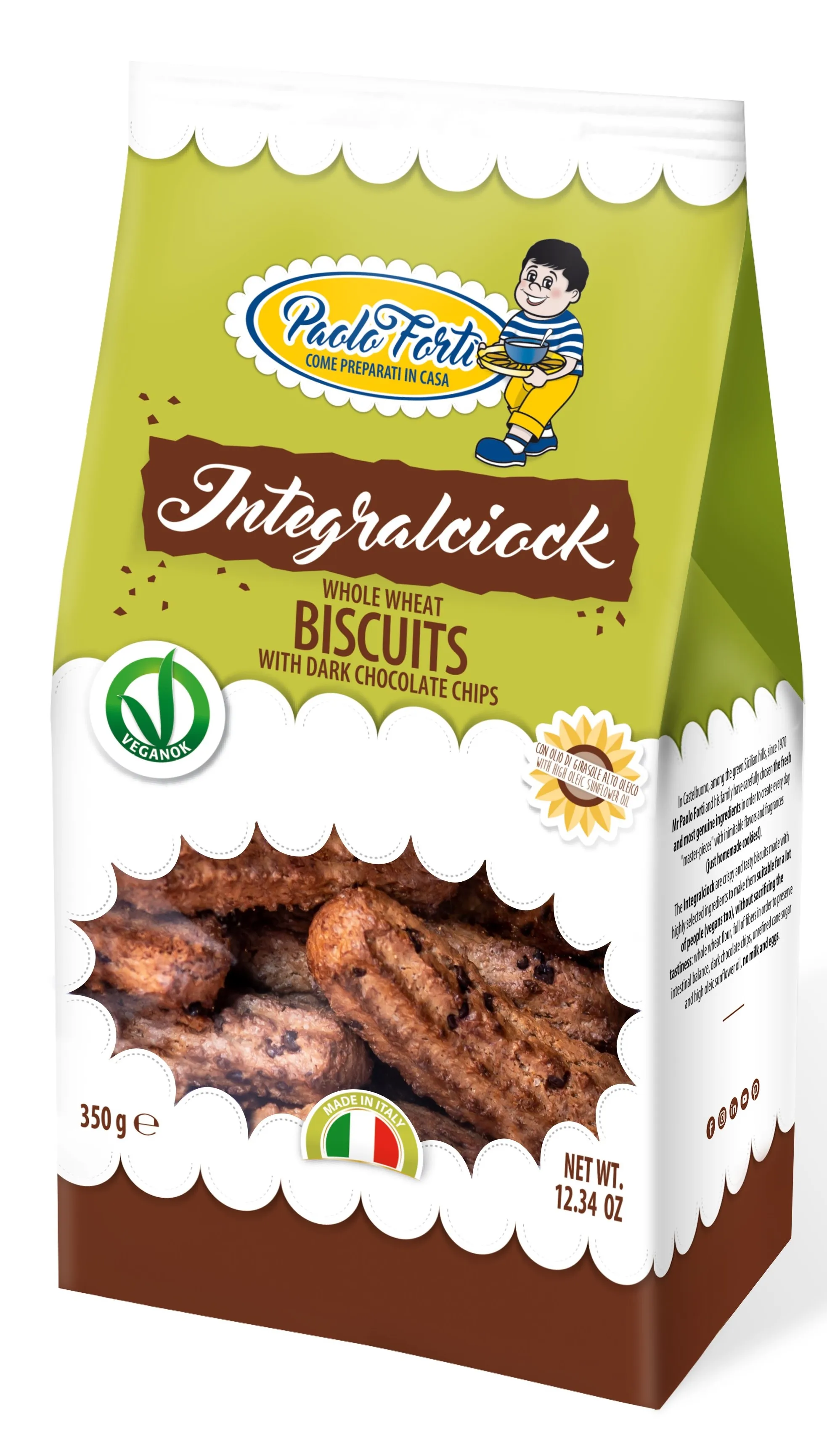 
INTEGRALCIOCK ITALIAN WHOLEGRAIN CHOCOLATE BISCUIT 350 GR Cookies Semi-hard Low-fat Sachet Sweet 