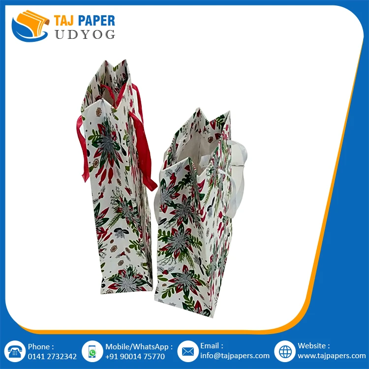Customized Printed Ribbon Handle Paper Bags White Green Design Gift Use Eco Friendly Handmade Decorative Flower Paper Bag Gift