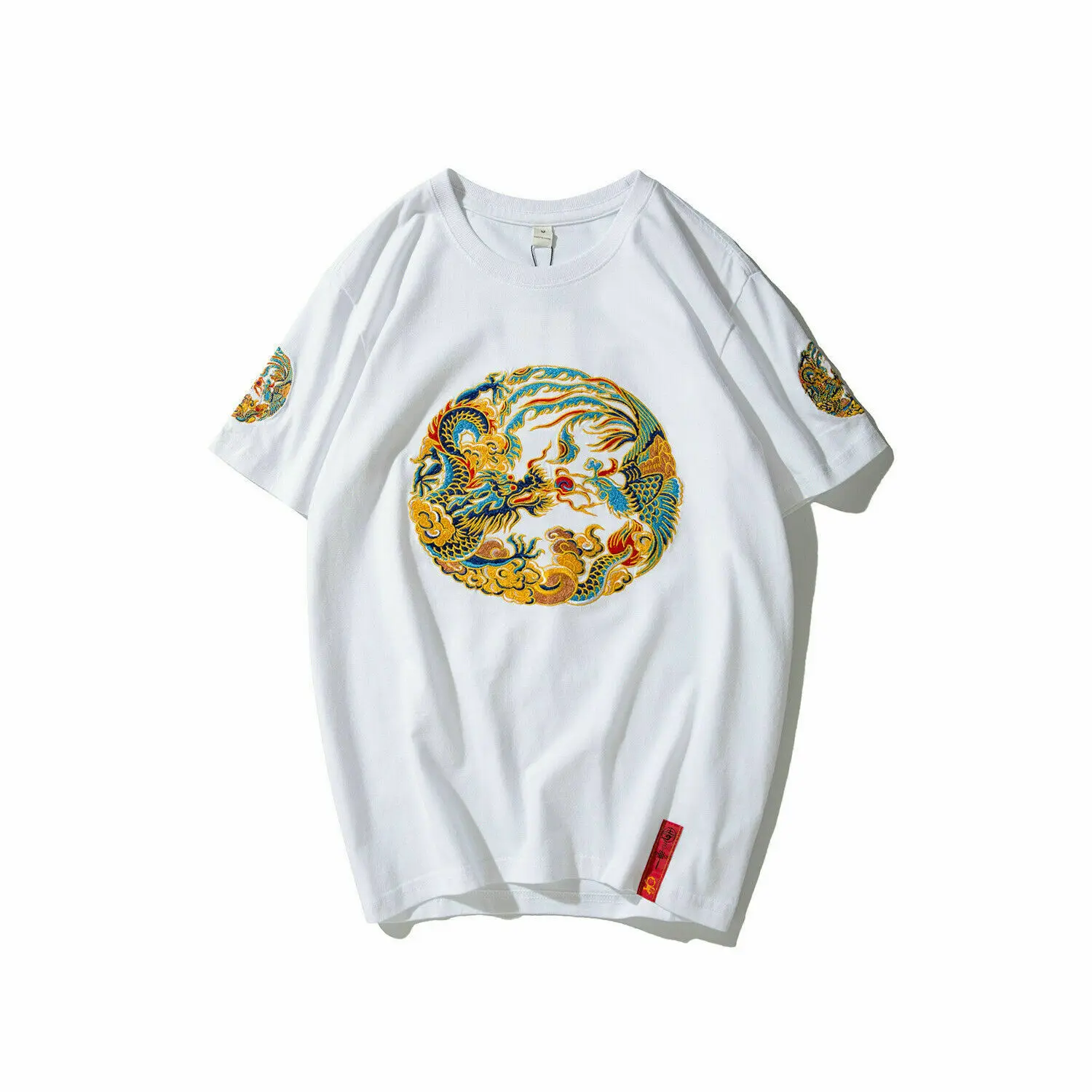 Unisex Men Summer T-Shirt Dragon Robe Embroidery Loose Cotton O-Neck Tops