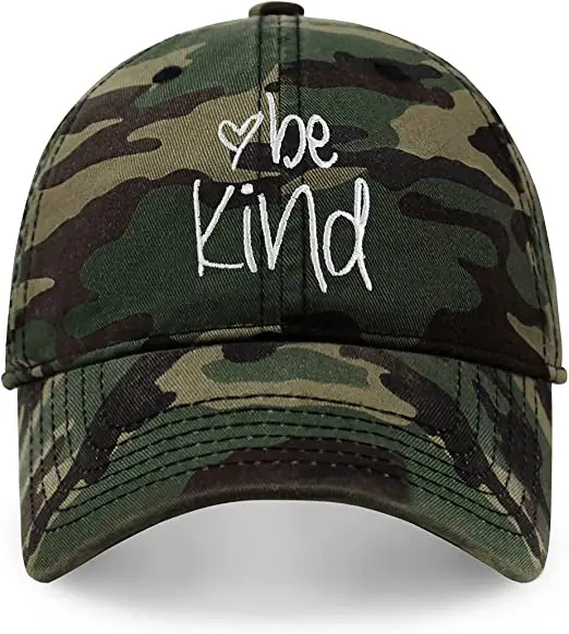 BE KIND- 2D Embroidered Logo Stitching Curved Bill Baseball Cap High Quality Cotton Camo Fabric Sport Cap with Low MOQ