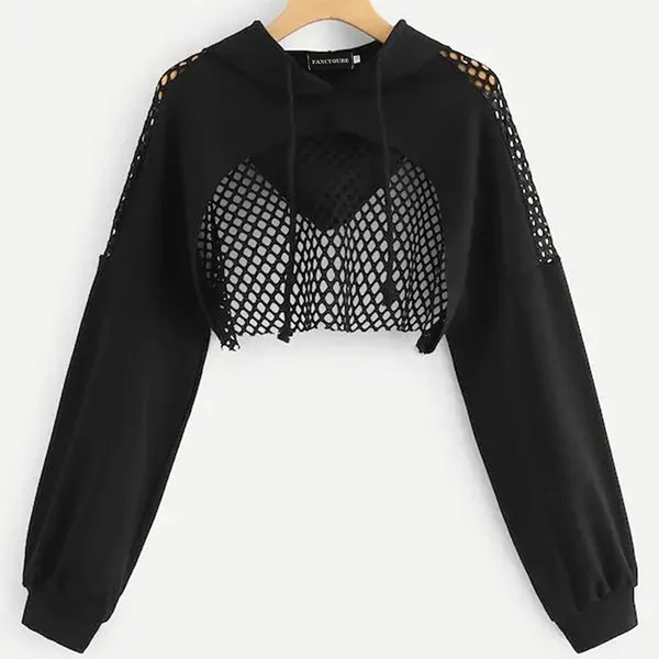 Новые женские модные сетчатые Сращивание прозрачная укороченный Топ Толстовка сексуальное платье с длинным рукавом голый Футболка Пуловер С Капюшоном