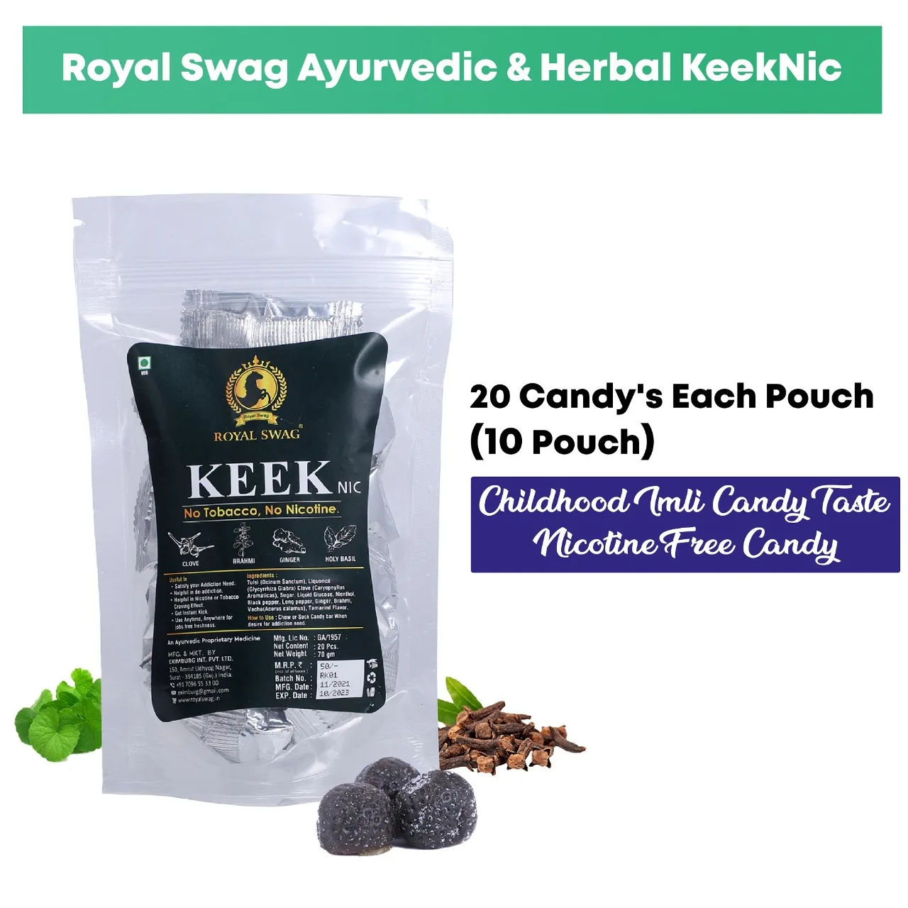 Royal Swag Ayurvedic  Kik Nic Nicotine Free Candy, Helps to Satisfy Nicotine Craving, |Childhood Imli Candy Taste Nicotine Free